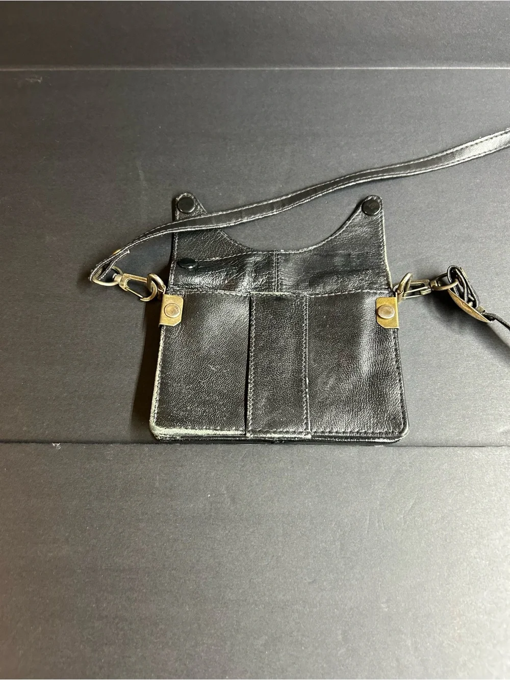 Women's Black Leather Crossbody Wallet  w/ snap closure & slim adjustable strap